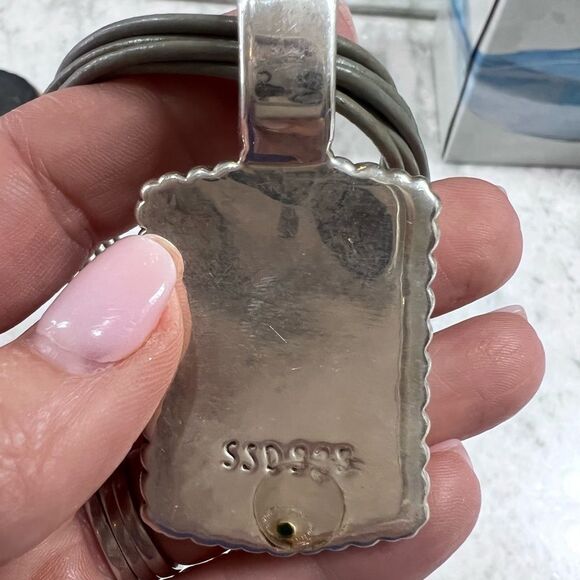 Artisan Olive Leather and Stamped Silver Pendant Necklace - Picture 5 of 15